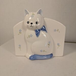 Ceramic Cat pen/ make up/ stationary Holder with Blue Accents by Otagiri
